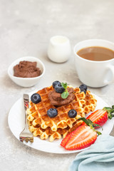 Plate with belgian waffles with chocolate sauce, berries and mint on a light gray background. Breakfast or lunch. Copy space.