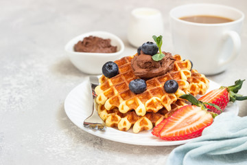 Plate with belgian waffles with chocolate sauce, berries and mint on a light gray background. Breakfast or lunch. Copy space.