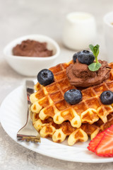 Plate with belgian waffles with chocolate sauce, berries and mint on a light gray background. Breakfast or lunch. Copy space.