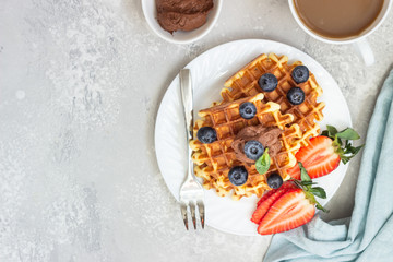 Plate with belgian waffles with chocolate sauce, berries and mint on a light gray background. Breakfast or lunch. Copy space.