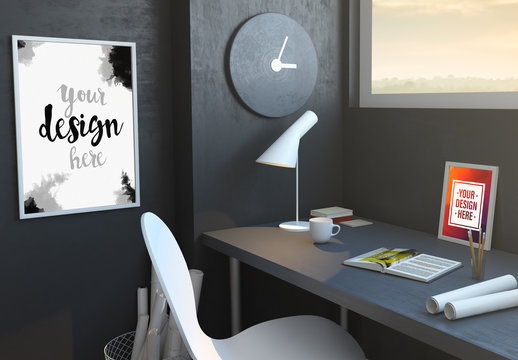 Desktop Mockup with Book, Poster, and Photo