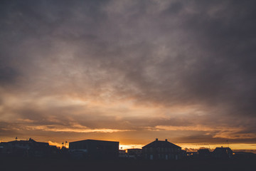 Beautiful purple orange sunset over the city