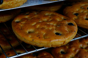 Italian olive focaccia bread in baking trays