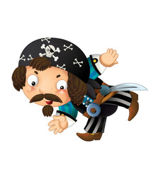 cartoon scene with pirate man captain with sword on his back on white background - illustration for children