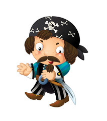 cartoon scene with pirate man captain with sword on his back on white background - illustration for children