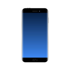 Black smartphone on white background. Mock up phone with blank blue screen.