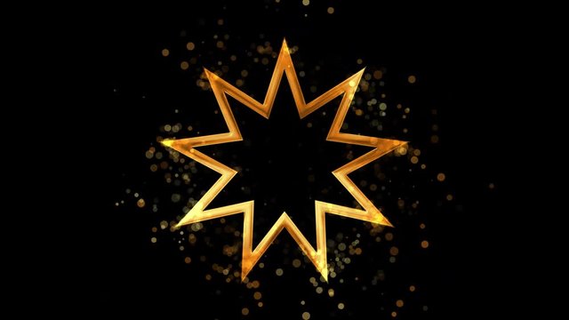 Golden nine pointed star, bahaism religious symbol on transparent background.