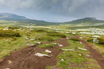 Panorama with green hills of Vitosha Mountain from Cherni Vrah Peak, Sofia City Region, Bulgaria