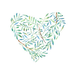 Frame of heart of a pistachio branches. Green floral border. Watercolor hand drawn illustration.White background.