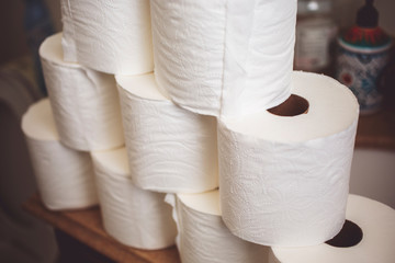 A stack of toilet paper in the bathroom