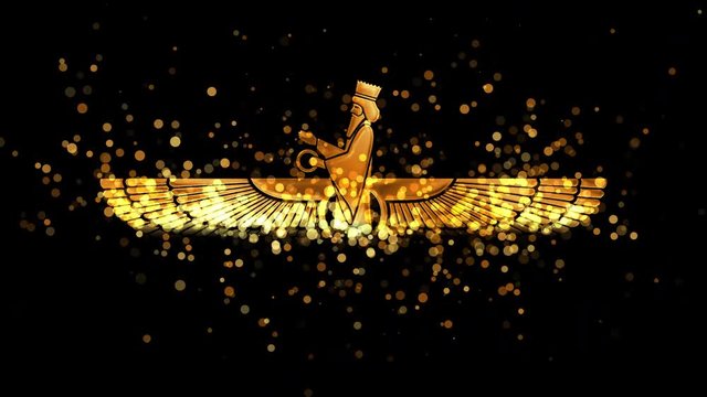 Golden Faravahar, zoroastrianism religious symbol on transparent background.