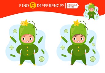 Find differences.  Educational game for children. Cartoon vector illustration of cute girl in cucumber costume.
