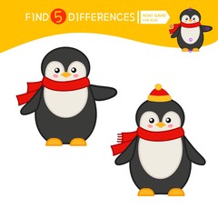 Find differences.  Educational game for children. Cartoon vector illustration of cute penguin.