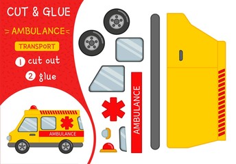 Education paper game for preshool children. Vector illustration of cartoon ambulance.