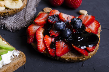 sandwiches with various fillings: ham, cheese, avocado, sauce