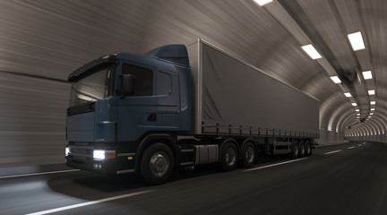 Semi Trailer Truck Moving Through the Tunnel 3D Rendering