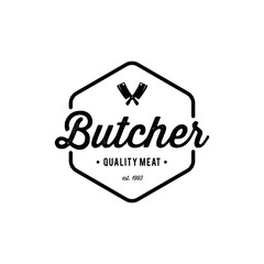 Butcher shop emblem. Butchery store advertising design element. Meat shop typography. Vector vintage illustration. - Vector