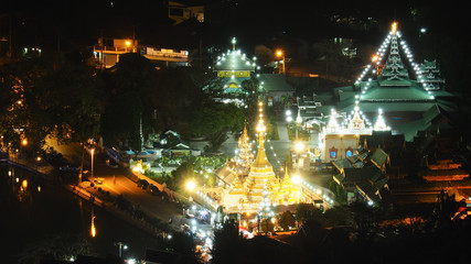 Landscape picture of Jong Kham Temple and Jong Kham Lake in The Night.   This is One of The Most Popular Landmark of Mae Hong Son Province, Thailand.