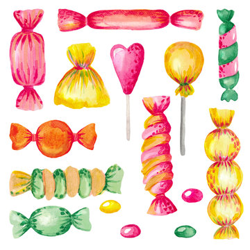 Watercolor illustration set of sweets candy hand-painted. Bright colored elements on white isolated background.