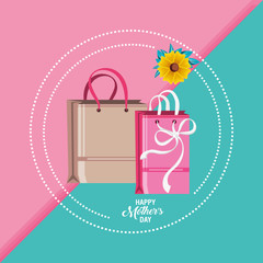 happy mother day card with bags shopping and flower