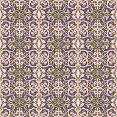Abstract seamless pattern with lacy leaves, flowers and swirls in geometric layout. Pink, coral, dark grey, yellow and white vector illustration.