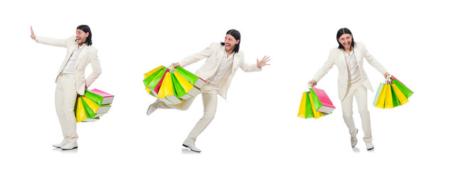 Man with shopping bags isolated on white