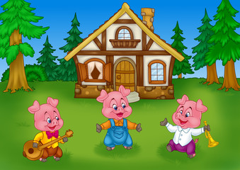 Fairy tale three little pigs Forest nature house background cartoon album illustration