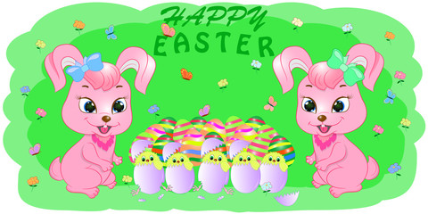 cartoon greeting card rabbits with easter egs cute illustration 