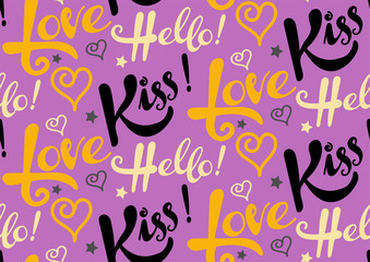 Seamless pattern with words love, kiss, hello