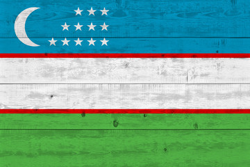 Uzbekistan flag painted on old wood plank