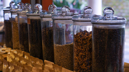 Many species of coffee beans are packaged in bottles.