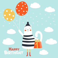 Happy birthday - lovely vector card with funny flying cat and balloons 