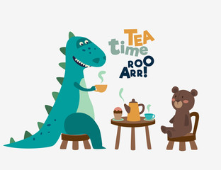Cute dinosaur drinking tea on the table. Tea time vector concept