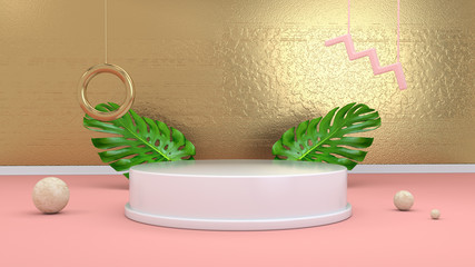3d render abstract background with podium, spheres, golden elements and palm leaves in minimal pink Memphis design style.