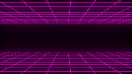 3D render synthwave wireframe net abstract background. Future retro line grid illustration - obrazy, fototapety, plakaty