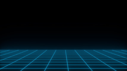 3D render synthwave wireframe net abstract background. Future retro line grid illustration