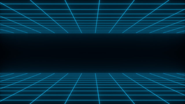 3D render synthwave wireframe net abstract background. Future retro line grid illustration
