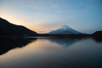 Mount Fuji or Mt. Fuji, the World Heritage, view at Lake Shoji ( Shojiko ). Fuji Five Lake region, Minamitsuru District, Yamanashi prefecture, Japan. Landscape for travel destination.