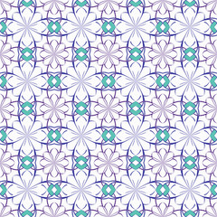 Seamless vector floral pattern based on Arabic geometric ornaments in pastel blue, purple, white colors. Endless abstract background