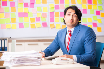 Young handsome employee with many conflicting priorities