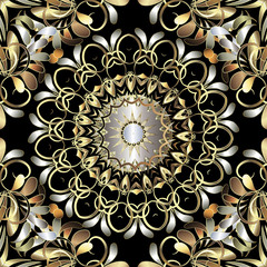 Paisley ornamental seamless vector mandala pattern. Vintage floral repeat  background. Surface line art 3d paisley flowers, leaves. Ethnic style ornaments. Round mandala. Decorative ornate design