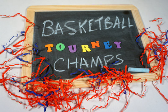 Basketball champs message on chalkboard