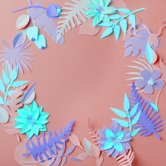 Neon color colorful flower composition - handmade papercraft flowers and leaves on pastel background, spring, summer, easter, holiday modern surreal concept