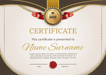 Official retro certificate with brown gold design elements. Red ribbon and gold emblem. Vintage modern blank