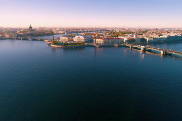 Obraz premium Panorama of the Neva water area on October morning (aerial photography). Saint-Petersburg, Russia