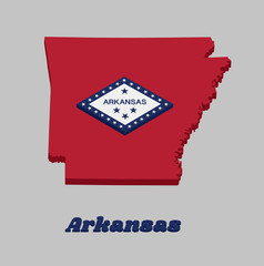 3d Map outline and flag of Arkansas, A rectangular field of red, a large white diamond, bordered by blue and the word 'Arkansas' and four blue stars, on the blue band are 25 stars.