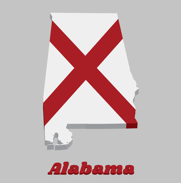 3D Map outline and flag of Alabama, The states of America,  Red St. Andrew's saltire in a field of white.