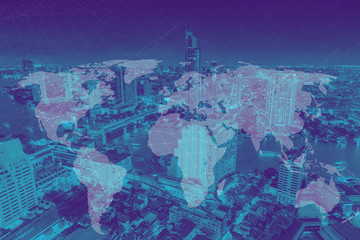 world map with city metro building background for business future connection concept.