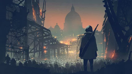 Rolgordijnen jonge man met pistool kijkend naar menigte van mensen in apocalyptische stad, digitale kunststijl, illustratie, schilderkunst © grandfailure