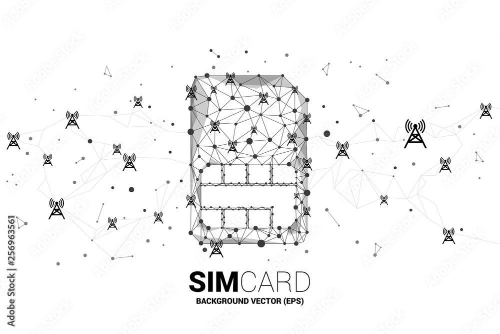 Poster Vector Polygon dot connect line shaped sim card icon with antenna tower. Concept for mobile sim card technology and network.